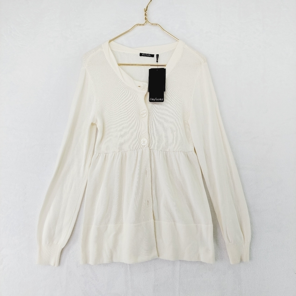 NEW Daisy Fuentes Ivory Button Front Gathered Bottom Long Sleeve Cardigan P2181
